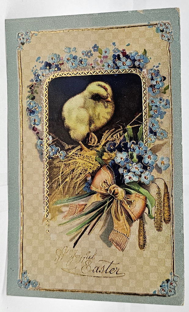 Easter Postcard Series 9827 Gel Brilliant Finish Baby Chick with Flowers Gold Highlights PFB Publishing