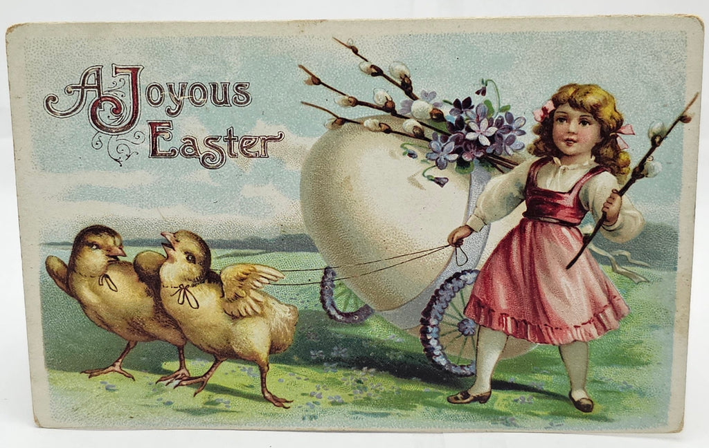 Easter Embossed Postcard Little Girl with Egg Wagon Pulled by Baby Chicks