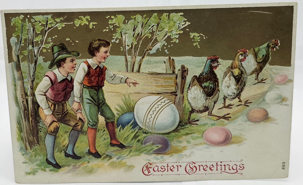 Easter Postcard Children Roosters & Giant Painted Eggs Series 883 Gold Embossed