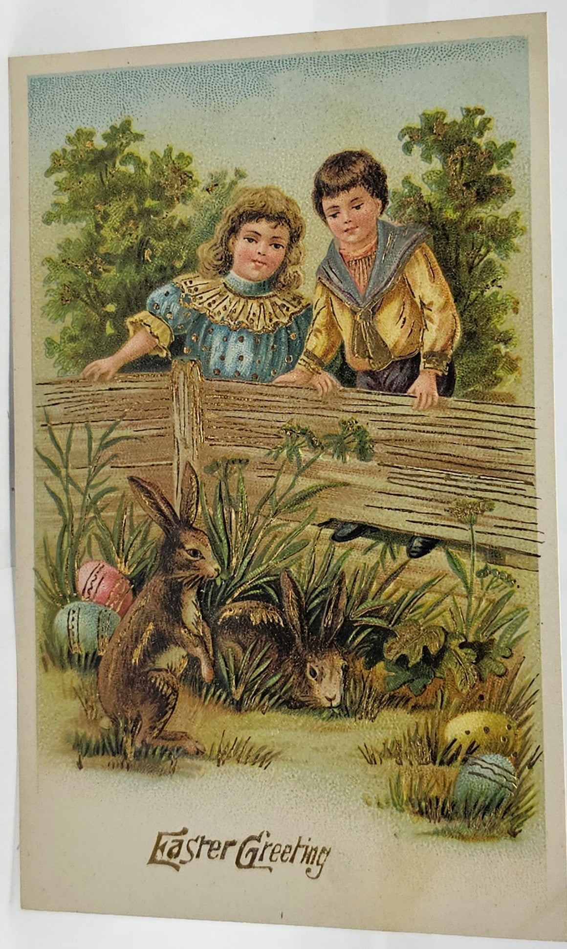 Easter Postcard Gold Embossed Children Watching Bunny Rabbits with Decorated Eggs Series 201
