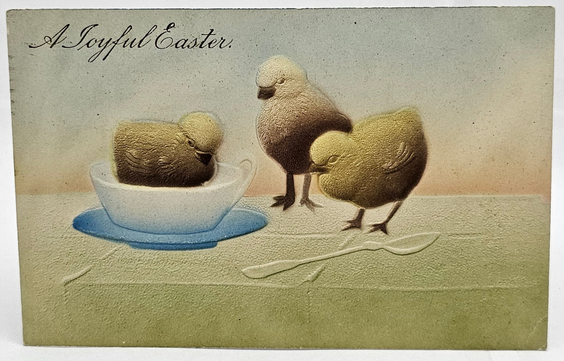 Easter Postcard Heavy Embossed Airbrush Painted Baby Chicks Playing in Cup