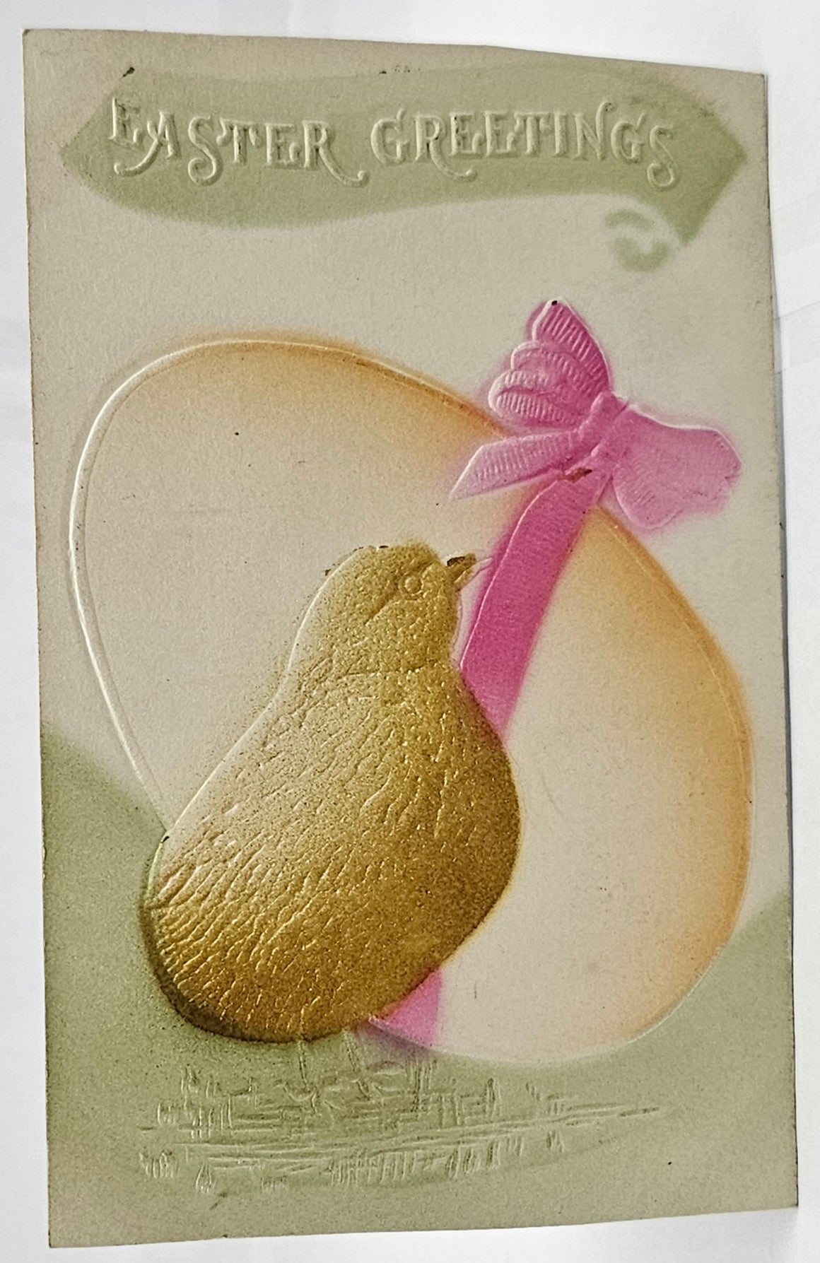Easter Postcard Heavy Embossed Airbrush Painted Baby Chick with Egg and Pink Ribbon