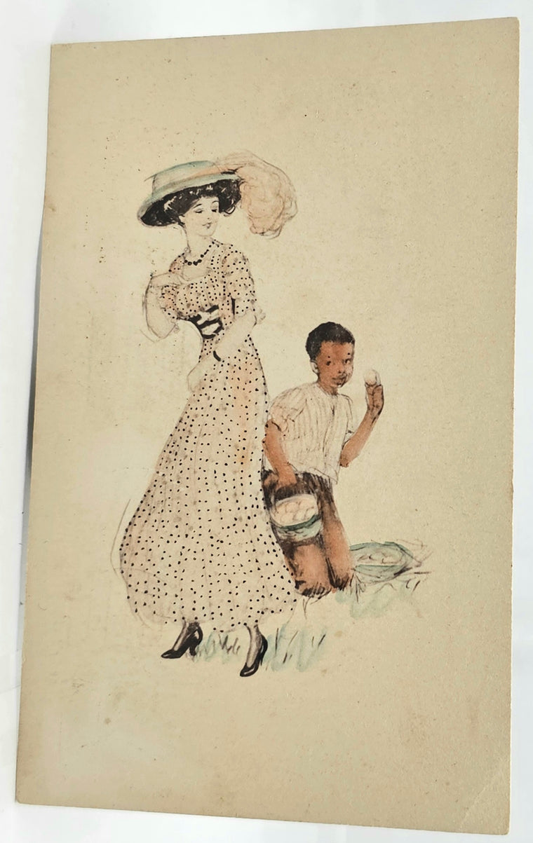 Art Nouveau Easter Postcard African American Boy Hunting Eggs Behind Woman Hand Tinted
