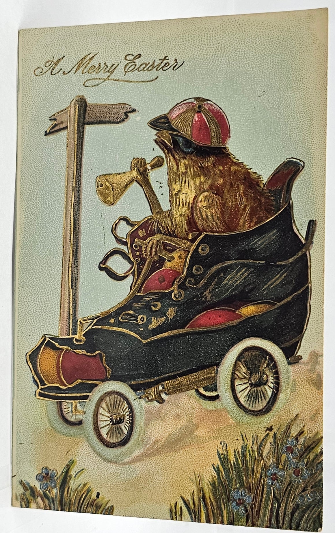 Easter Postcard Gold Embossed  Anthropomorphic Baby Chick Driving A Roller Skate Car