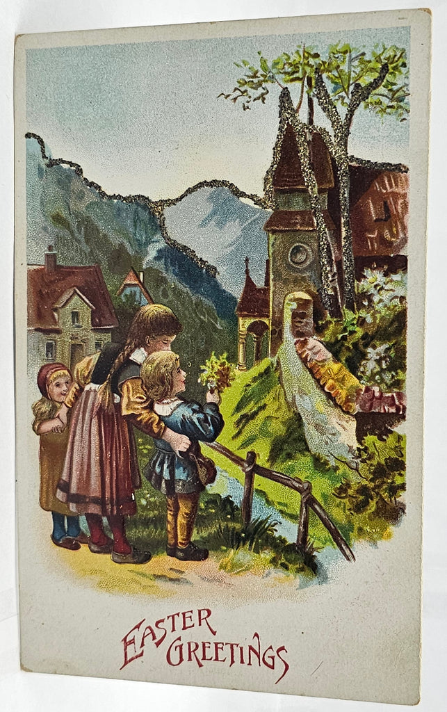 Easter Postcard Embossed Card with Children in Front of European Village Glitter Applied Outline