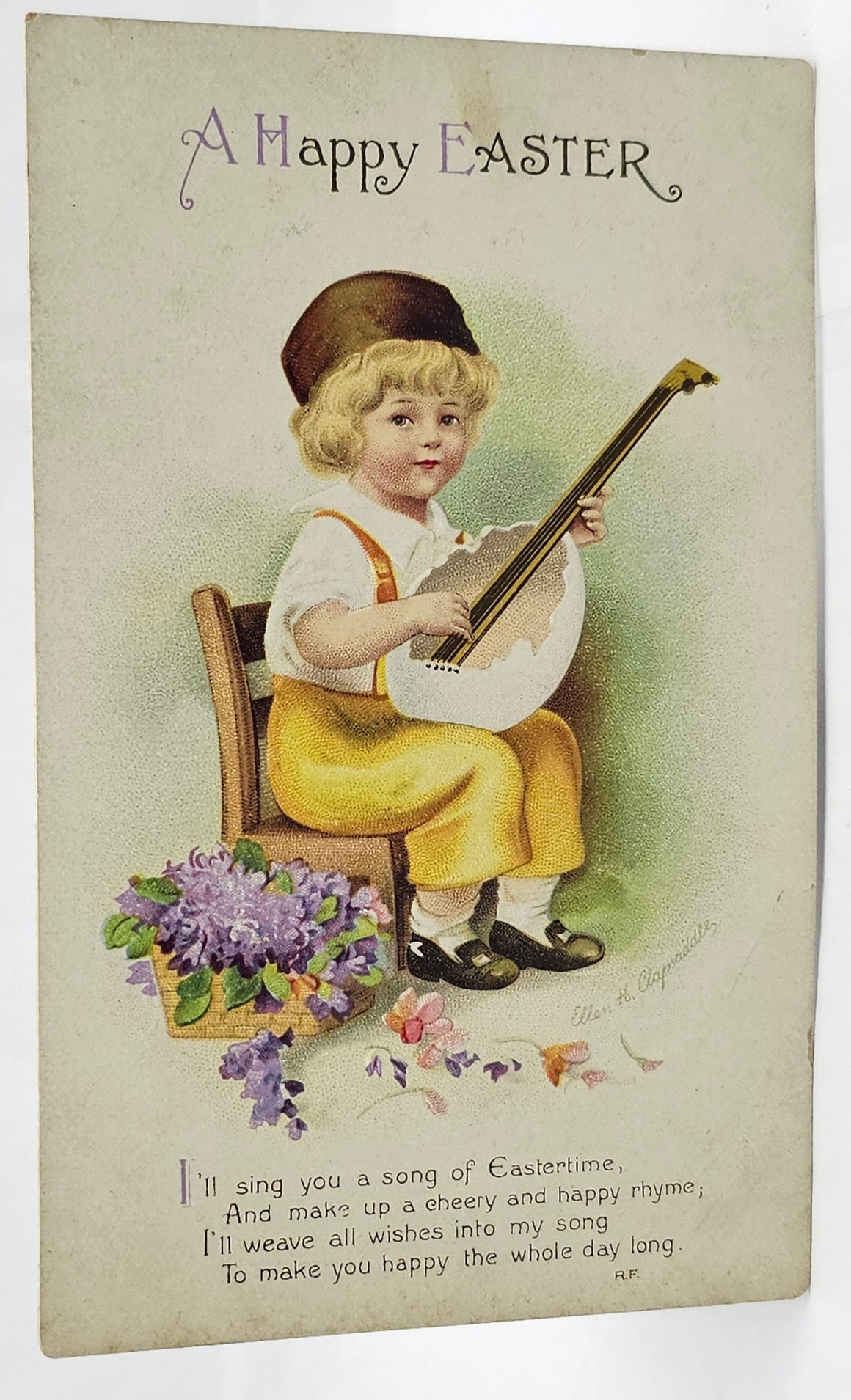 Easter Postcard Artist Ellen Clapsaddle Little Boy holding Egg Guitar Series 1908 Intl Art Pub