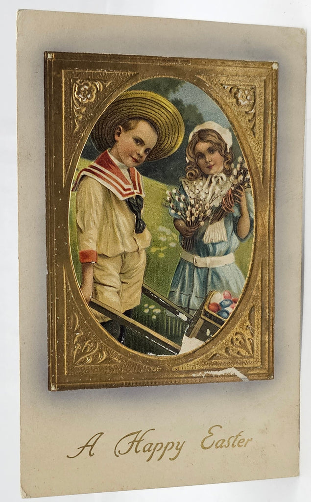 Easter Postcard Children with Wagon of Eggs Boy in Sailor Suit Girl Holding Pussy Willow Bouquet Gold Embossing