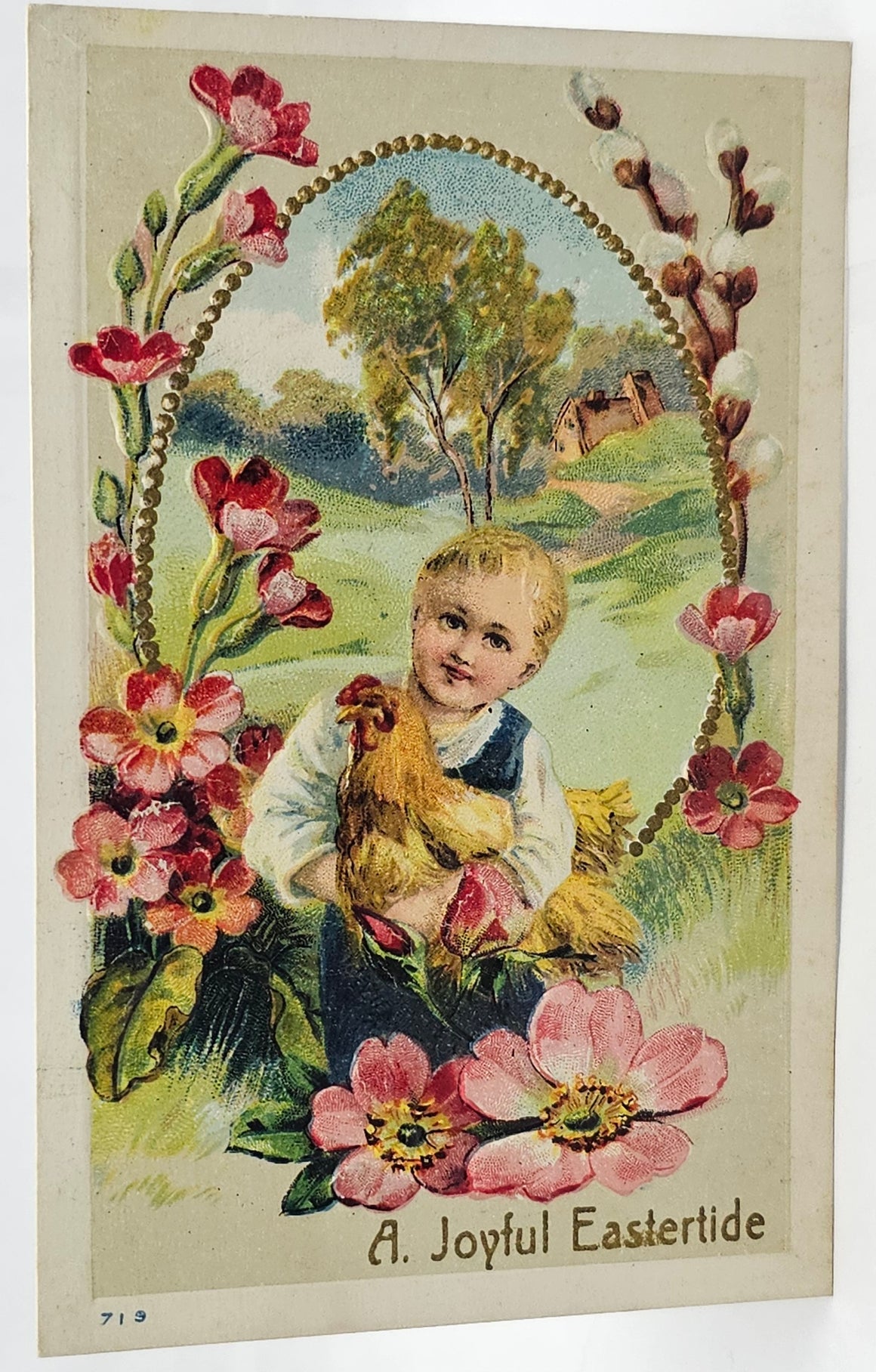 Easter Postcard Embossed Card Boy Holding Hen in Pink Flowers