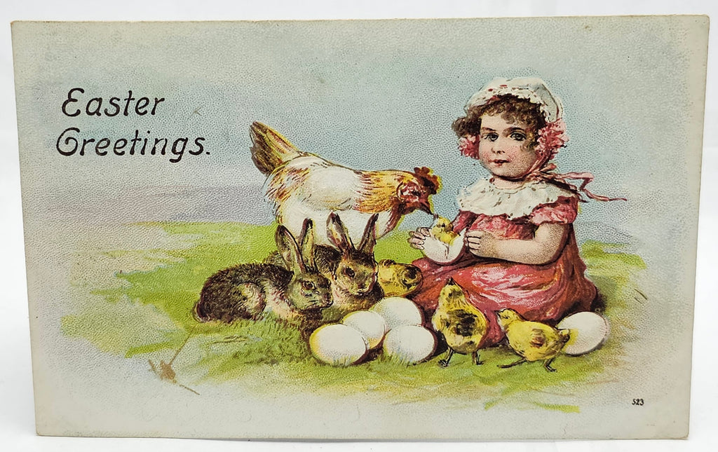 Easter Postcard Young Girl with Baby Chicks & Bunny Rabbits Embossed Card 1907