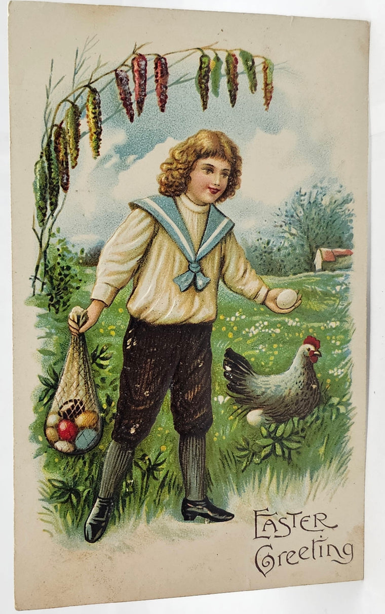 Easter Postcard Young Boy with Bag of Eggs in Field with Hen Embossed Card Series 230 Germany