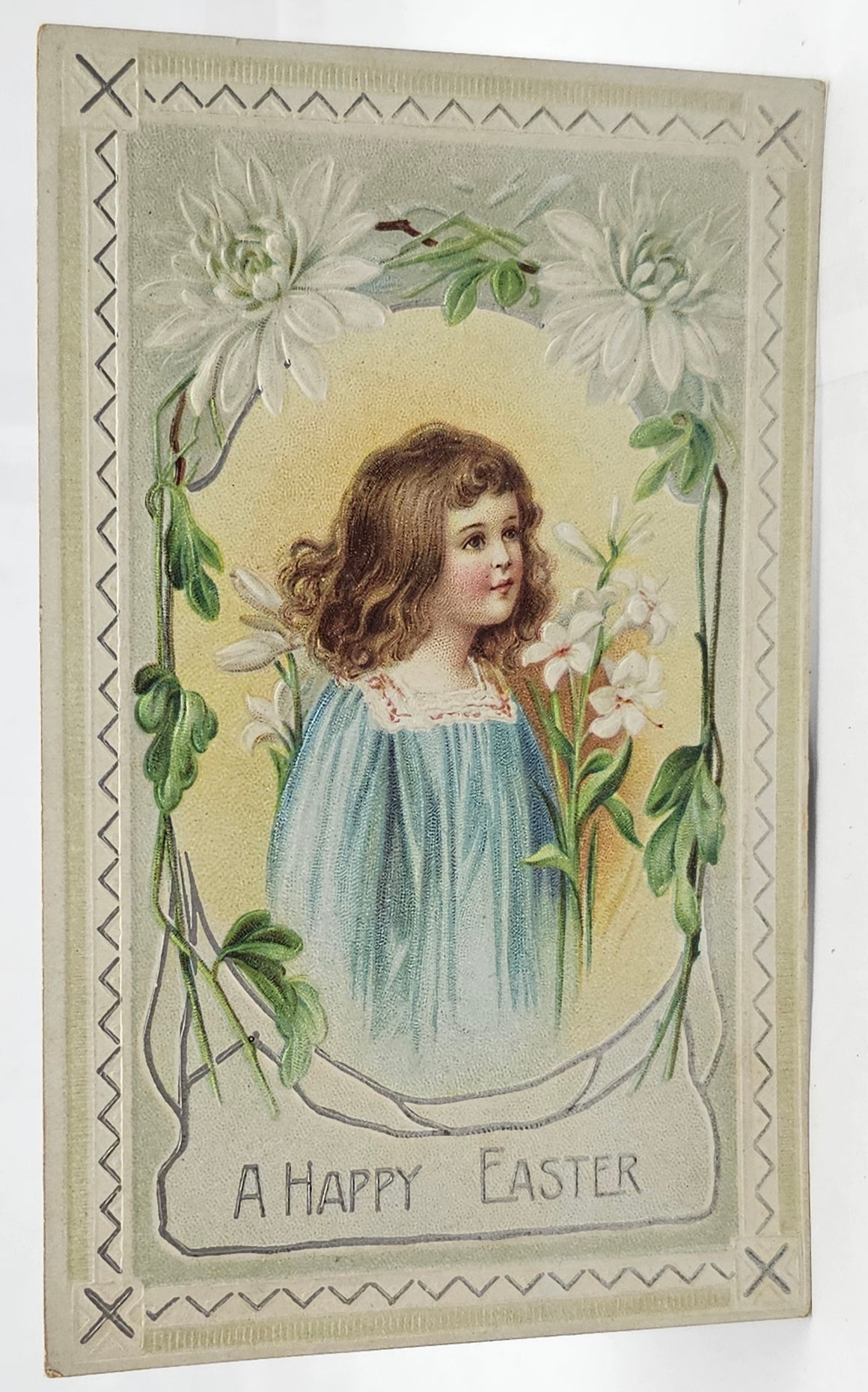 Easter Postcard Young Girl in Blue Dress White Flowers Embossed Series 4015
