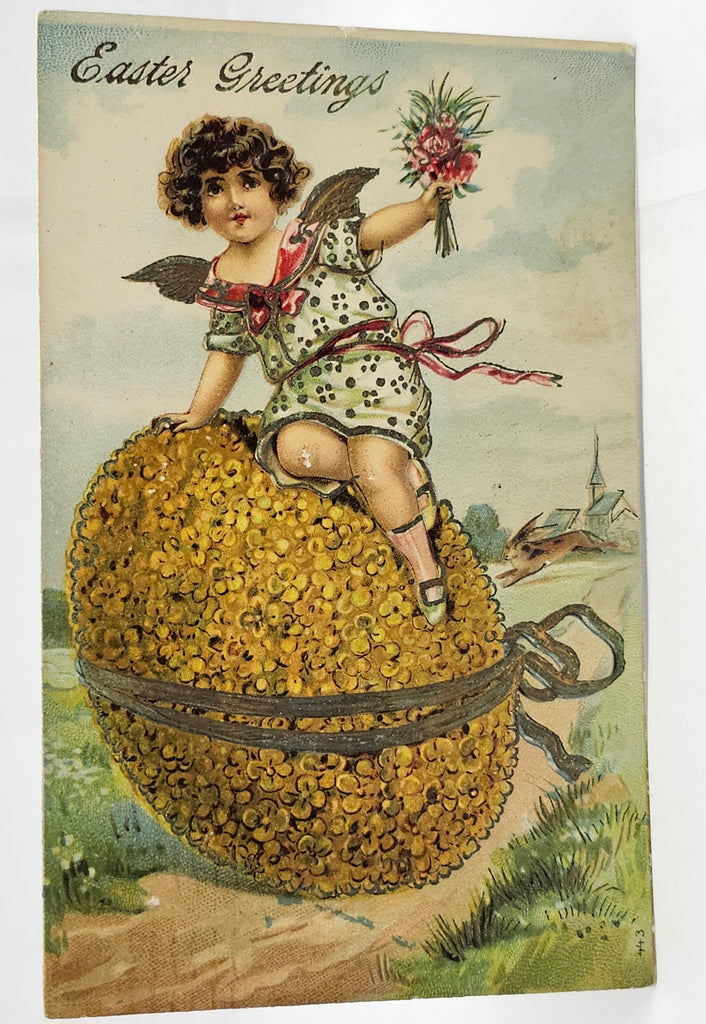 Easter Postcard Embossed Cherub Atop Gold Floral Egg Gold Highlights Series 443 Germany