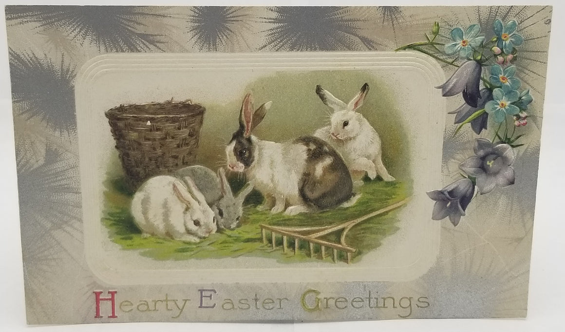 Easter Postcard Embossed Bunny Rabbits Silver Highlights Winsch Pub