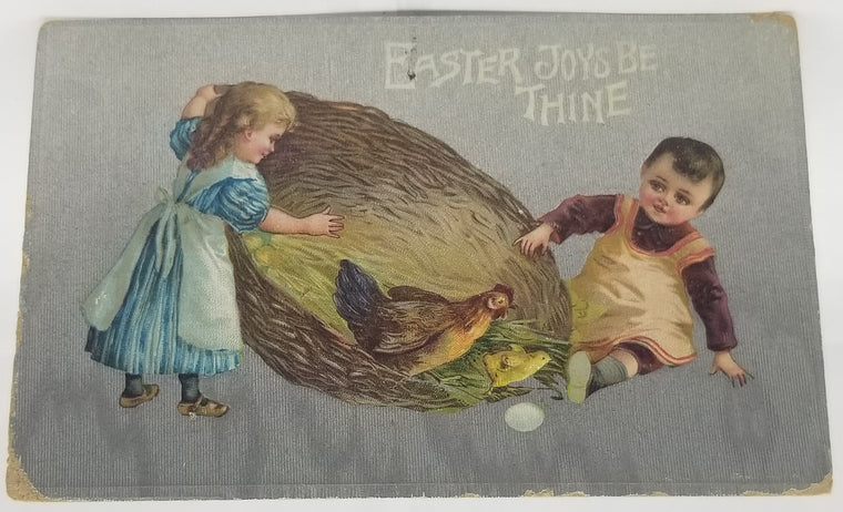 Easter Postcard Children with Chicken Family in Large Nest Silver Background