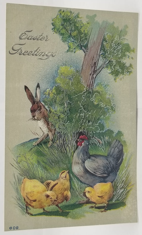 Easter Postcard Silver Embossed Bunny Rabbit Hide Seek Hen Chicks