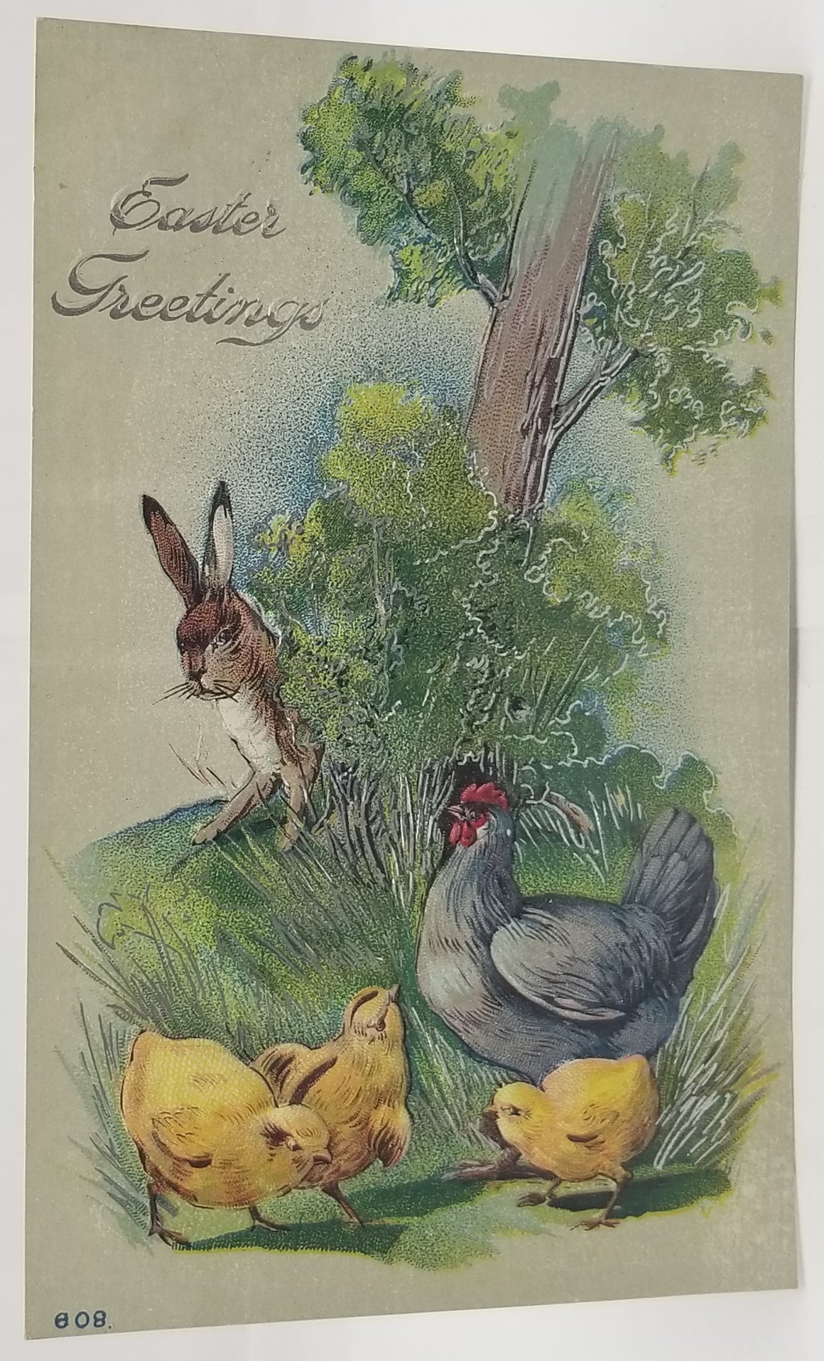 Easter Postcard Silver Embossed Bunny Rabbit Hide Seek Hen Chicks