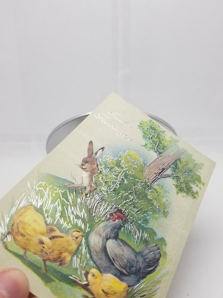 Easter Postcard Silver Embossed Bunny Rabbit Hide Seek Hen Chicks