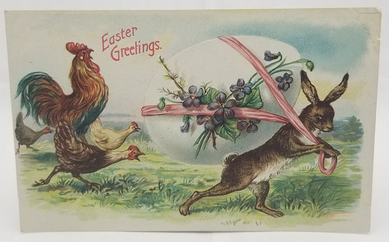 Easter Postcard Embossed Bunny Rabbit Pulling Giant Egg with Roosters