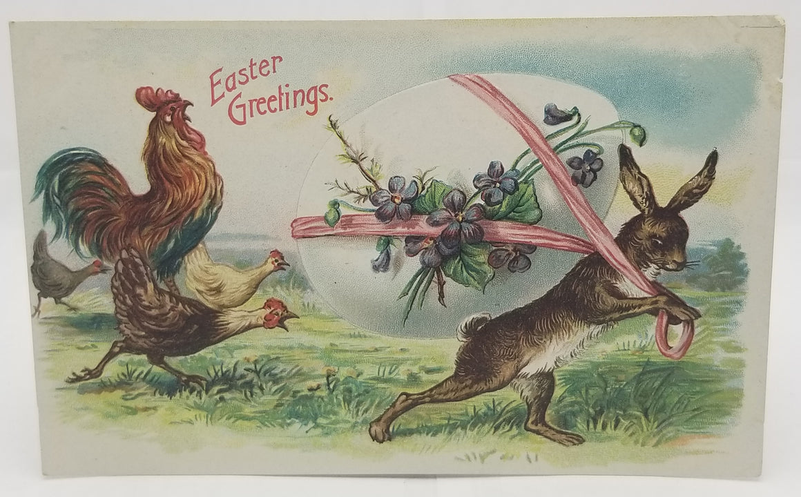 Easter Postcard Embossed Bunny Rabbit Pulling Giant Egg with Roosters
