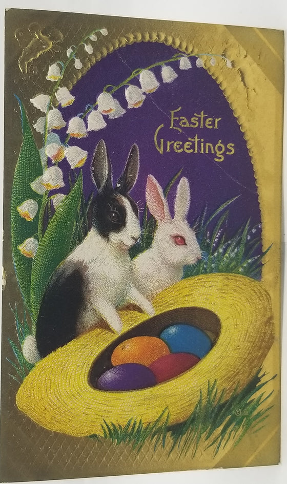 Easter Postcard Gold Embossed Bunny Rabbits w/ Painted Eggs in Hat Series 23