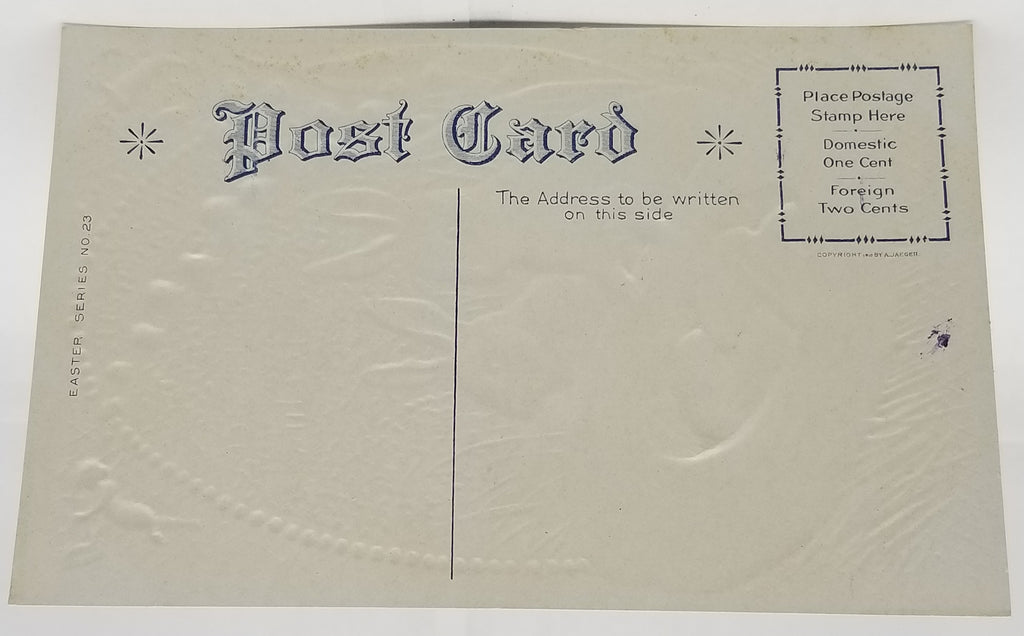 Easter Postcard Gold Embossed Bunny Rabbits w/ Painted Eggs in Hat Series 23