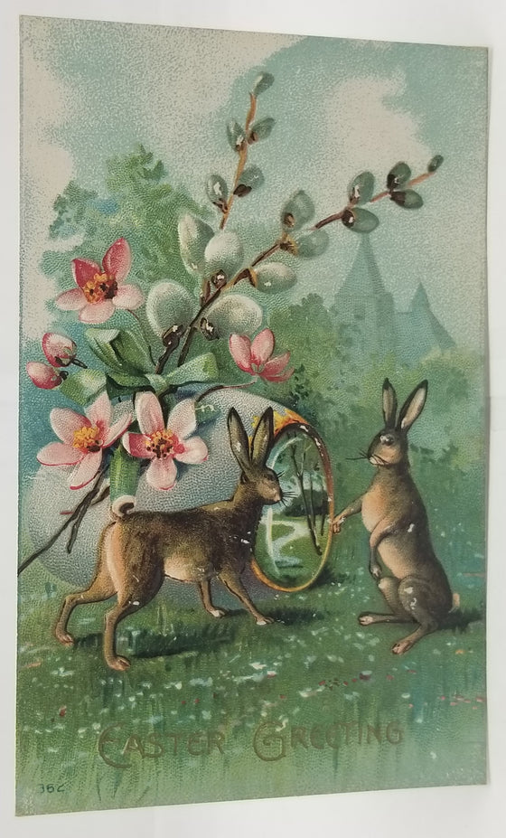 Easter Postcard Art Nouveau Style Bunny Rabbits with Egg Mirror Flowers