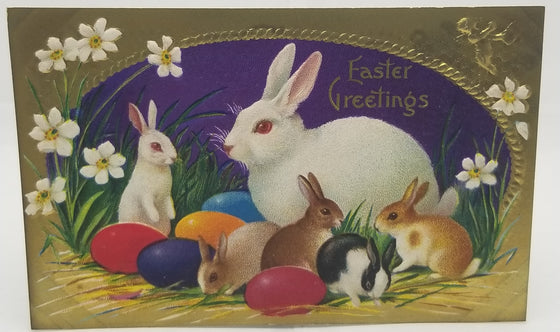 Easter Postcard Gold Embossed Bunny Rabbit Family with Painted Eggs Series 23