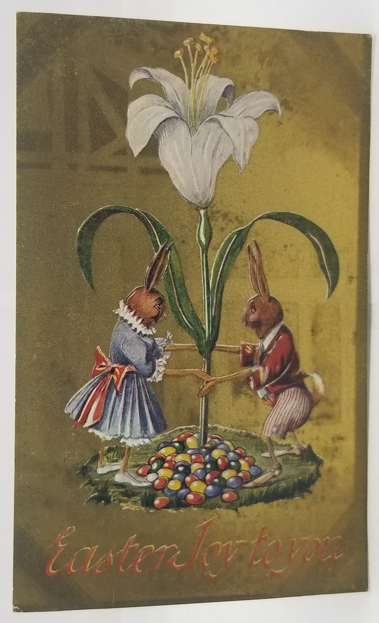 Easter Postcard Humanized Bunny Rabbits Under Giant Flowers Gold Background