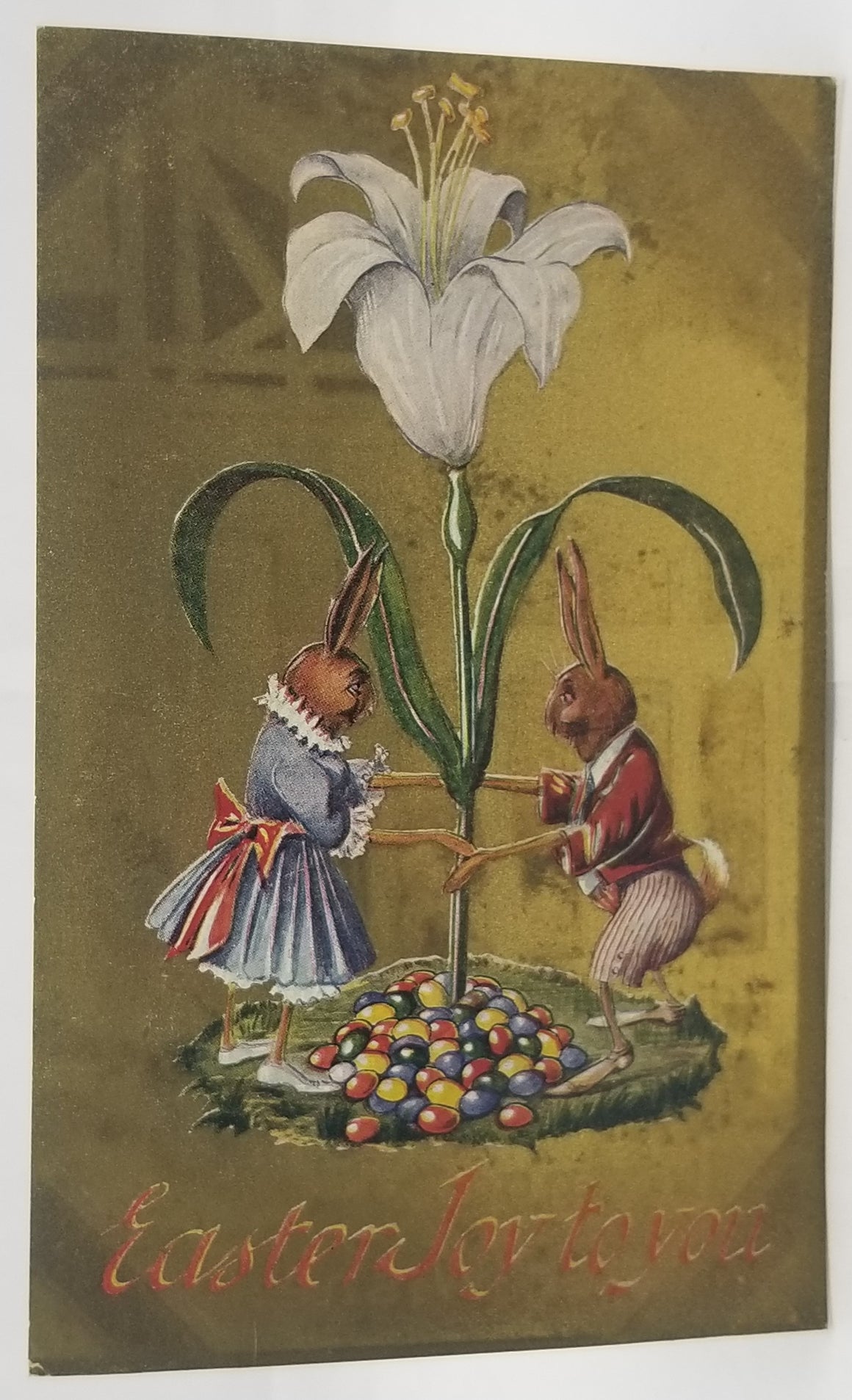 Easter Postcard Humanized Bunny Rabbits Under Giant Flowers Gold Background