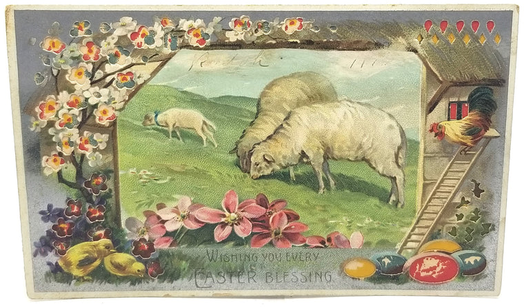 Easter Postcard HTL Hold to Light Pastoral Sheep Flowers Painted Eggs Chicks