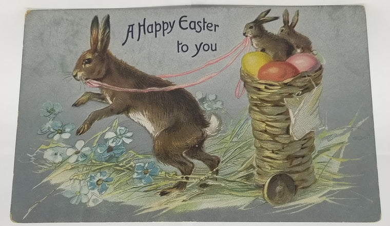 Easter Postcard Tuck 112 Silver Card Mama Bunny Pulling Babies on Egg Basket