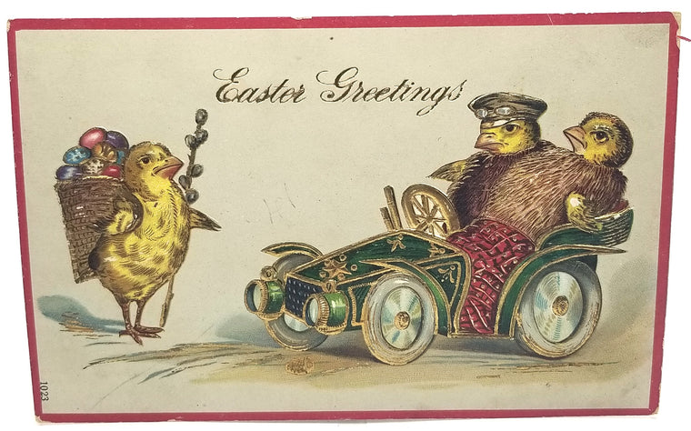 Easter Postcard Baby Humanized Baby Chicks in Chauffer Gold Embossed 1023