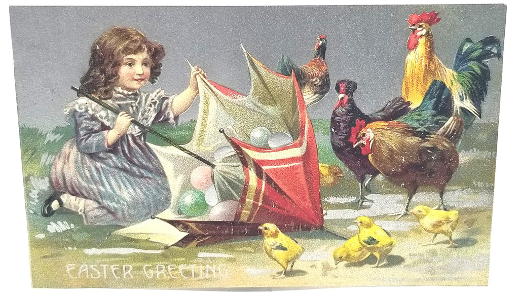 Easter Postcard Girl with Rooster & Painted Eggs Silver Embossed