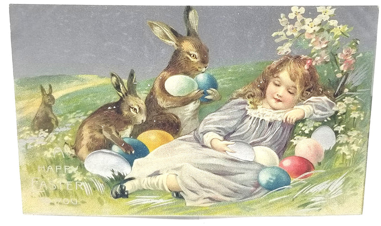 Easter Postcard Girl Asleep Bunny Rabbits Bring Eggs Silver Embossed