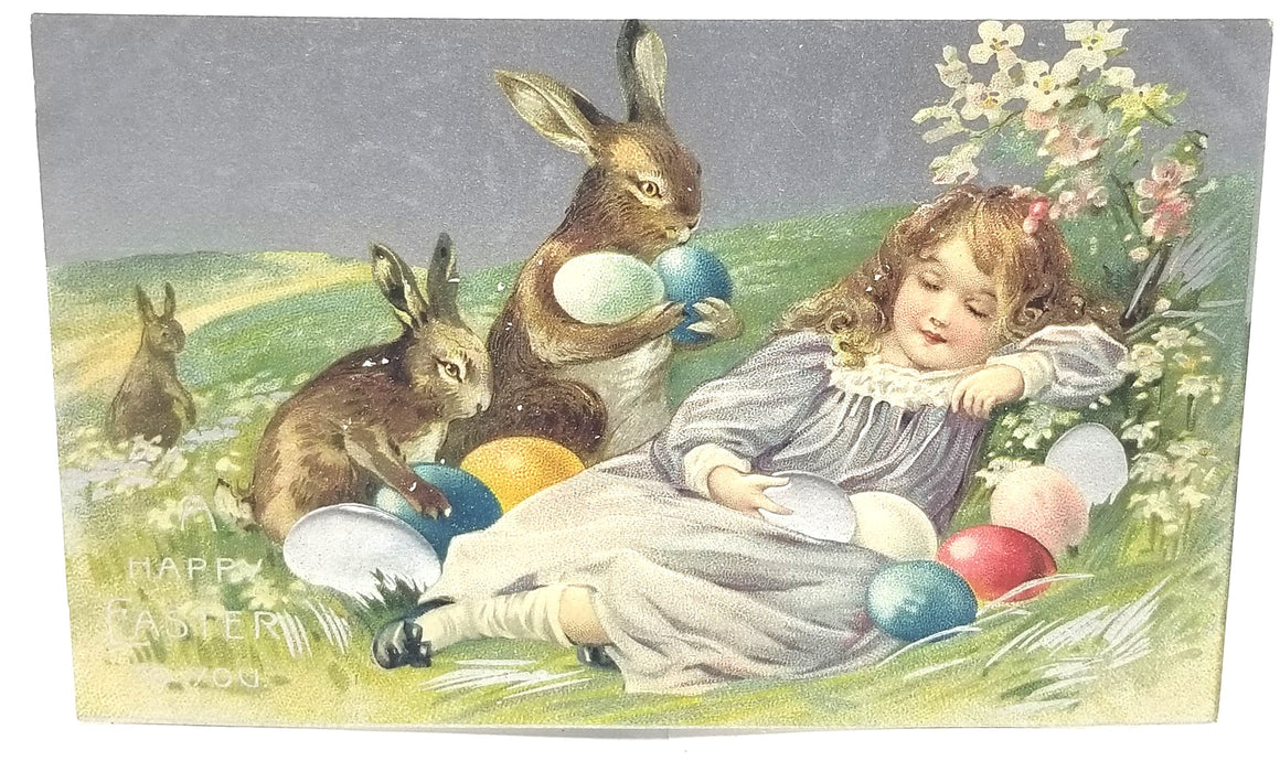 Easter Postcard Girl Asleep Bunny Rabbits Bring Eggs Silver Embossed
