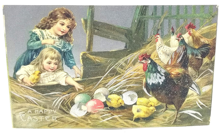 Easter Postcard Little Girls Baby Chicks Painted Eggs Silver Embossed