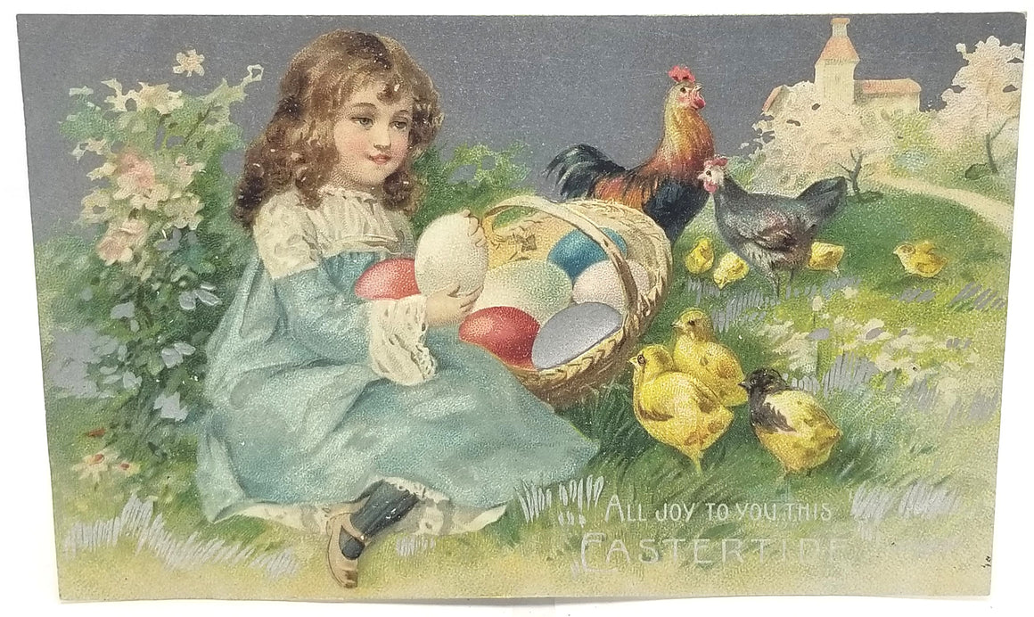 Easter Postcard Roosters with Girl Holding Painted Eggs Silver Embossed