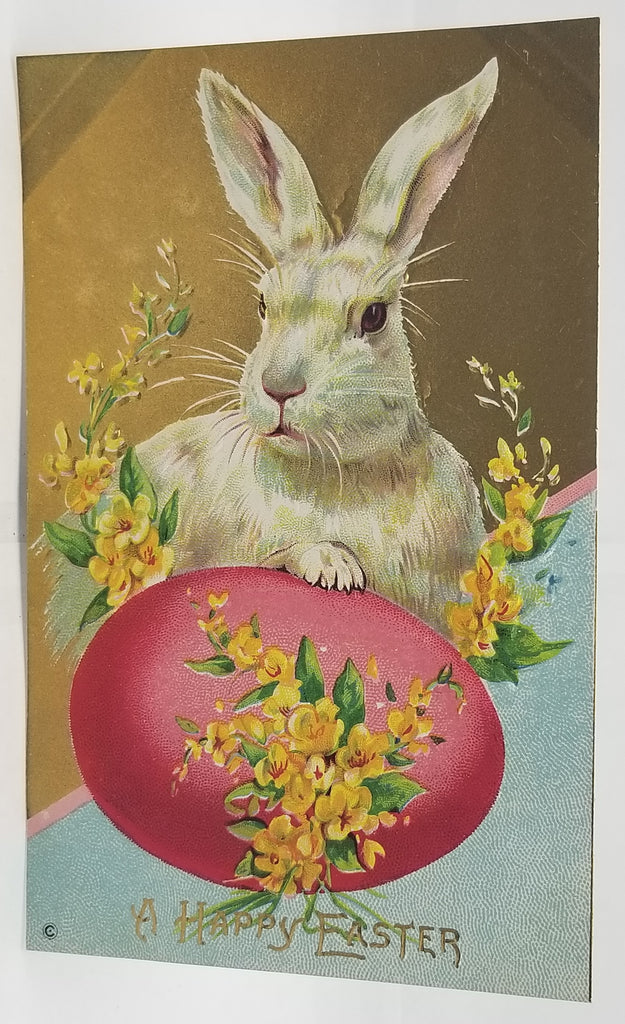Easter Postcard Gold Embossed White Bunny Rabbit Pink Egg Flowers Series 217