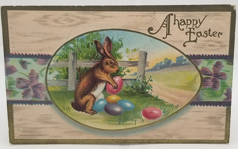 Antique Easter Postcard, Vintage Holiday Post Card, Bunny Rabbit With Painted Eggs Flower Background Series 277