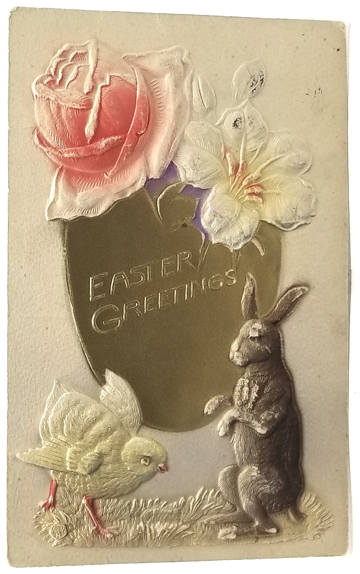 Antique Easter Postcard, Vintage Holiday Post Card, Heavy Embossed Bunny Rabbit & Baby Chick Air Brush Painted with Flowers