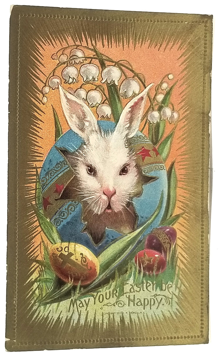Vintage Easter card with a rabbit and flowers, featuring text 'May Your Easter Be Happy'.