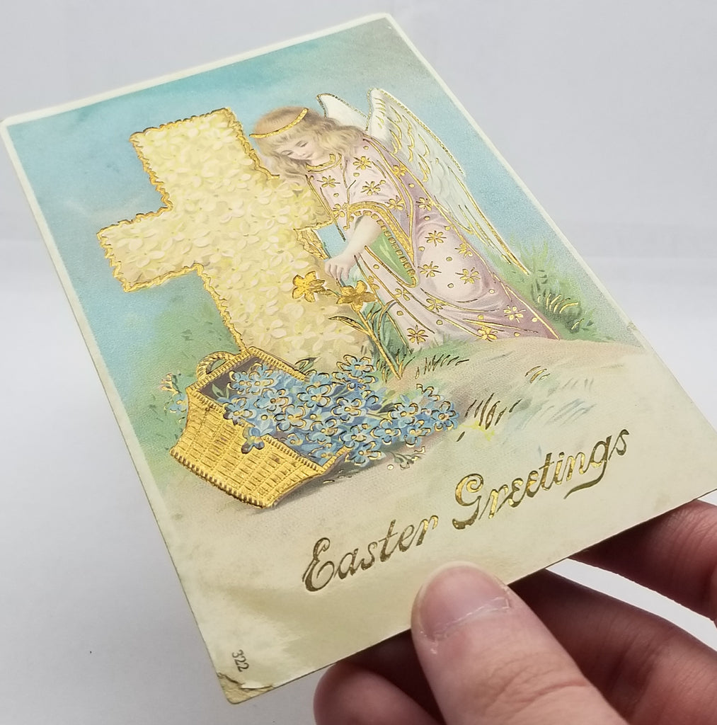 Easter Postcard Angel Kneeling with Cross & Flowers Gold Embossed Highlights