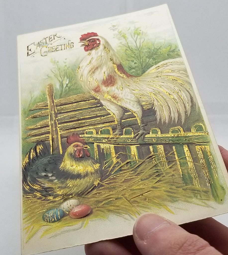 Easter Postcard Rooster and Hen with Painted Eggs Gold Embossed Highlights