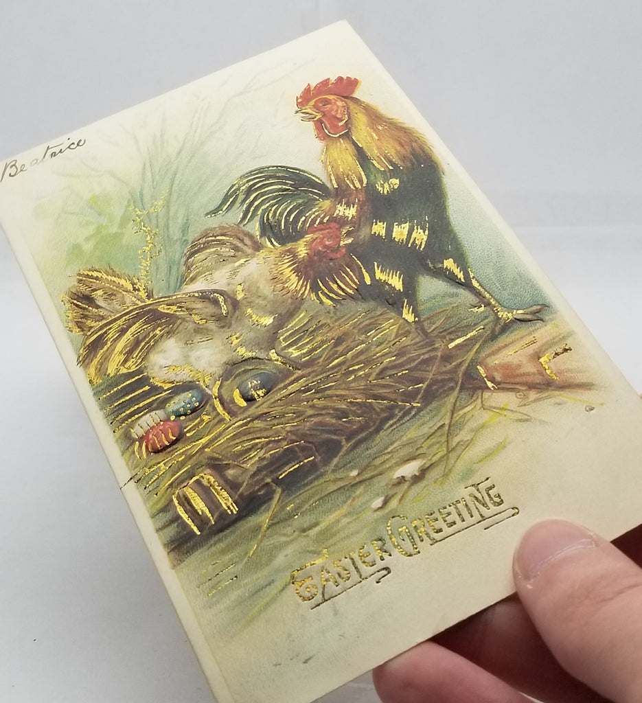 Easter Postcard Rooster and Hen with Painted Eggs Gold Embossed Highlights Series 51