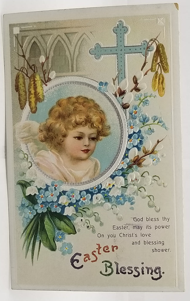 Antique Vintage Easter Postcard, Embossed Angel Child with Holy Cross Cattails Flowers Artist Clapsaddle IAP 1366