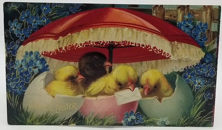 Antique Easter Postcard, Vintage Holiday Post Card, Series 1520 Gel Finish Gold Highlights Baby Chicks in Painted Eggs Under Red Umbrella