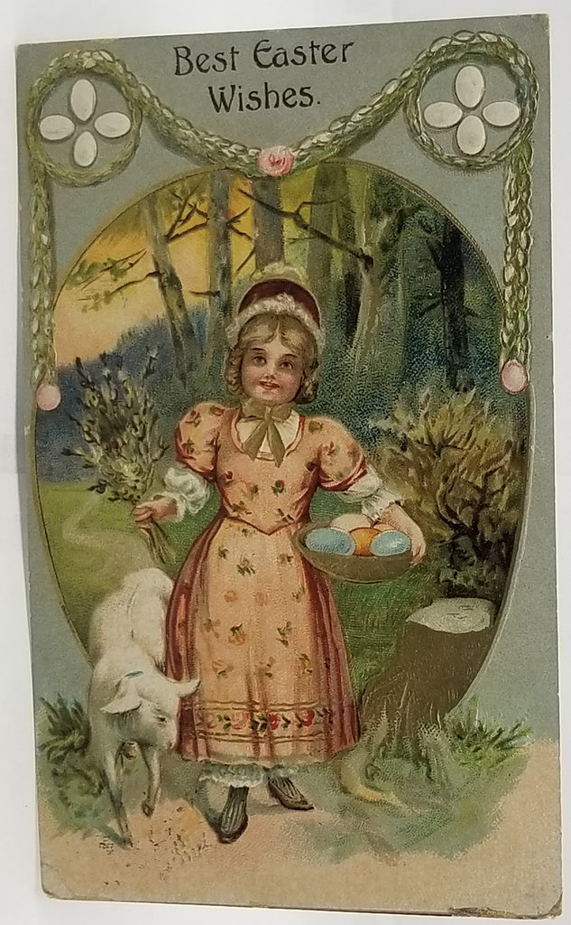 Antique Vintage Easter Postcard, Embossed German Card Little Girl in Pink Dress Holding Eggs with Baby Lamb Gold Highlights