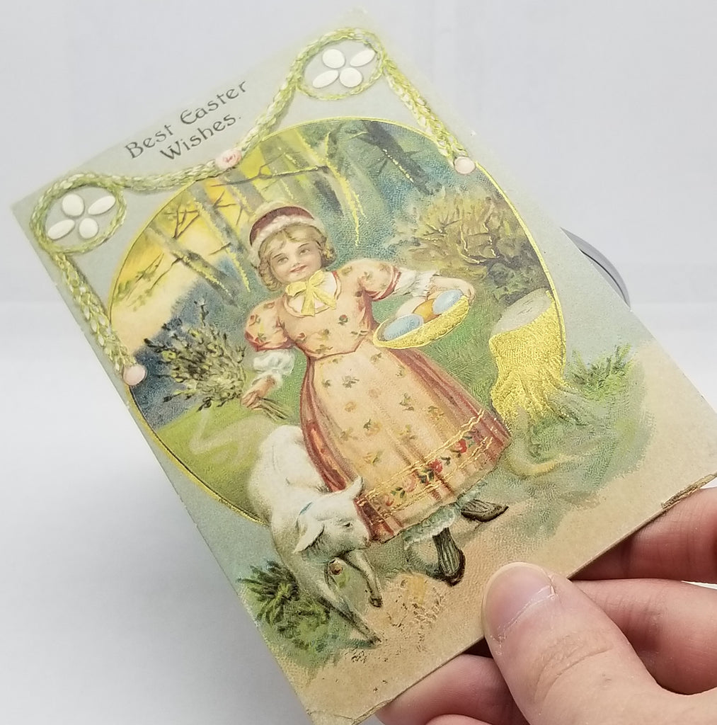 Antique Vintage Easter Postcard, Embossed German Card Little Girl in Pink Dress Holding Eggs with Baby Lamb Gold Highlights