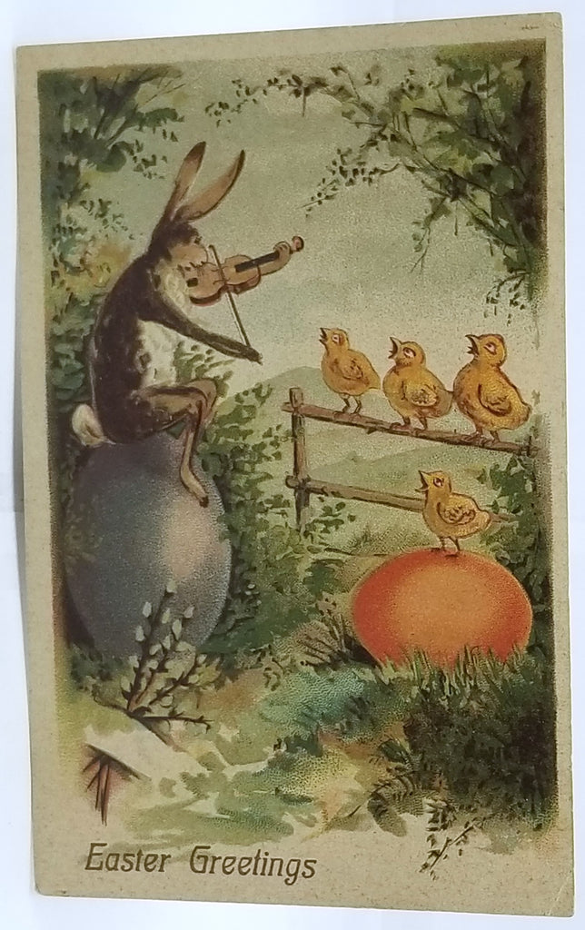 Antique Vintage Easter Postcard, Embossed German Card, Anthropomorphic Humanized Bunny Rabbit Playing Violin to Baby Chicks on Painted Eggs