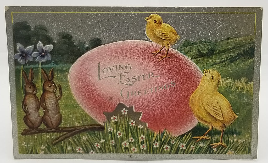 Antique Vintage Easter Postcard, Rabbits Holding Violets Balancing Giant Pink Egg with Baby Chicks Silver Background Series 2